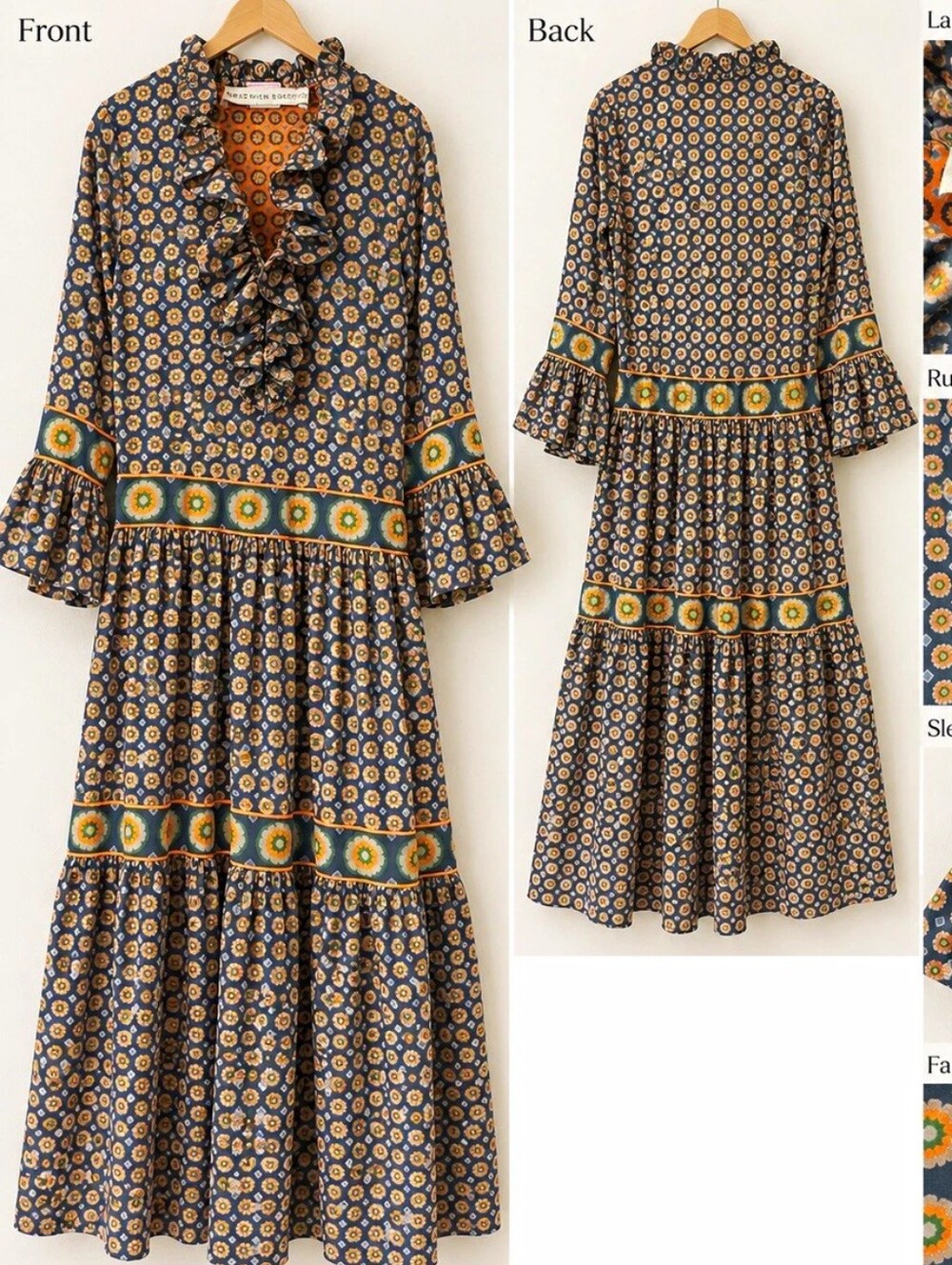 Gretchen Scott Designs Navy and Yellow Floral Ruffle Tiered Maxi Dress